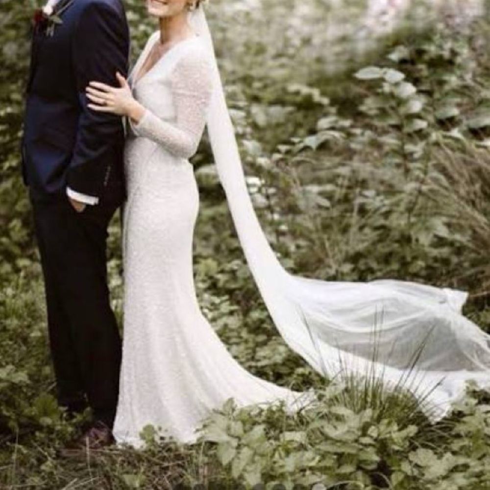 NWT Rachel Gilbert Paola White Sequin Bridal Wedding Gown V-Neck Wrap Dress